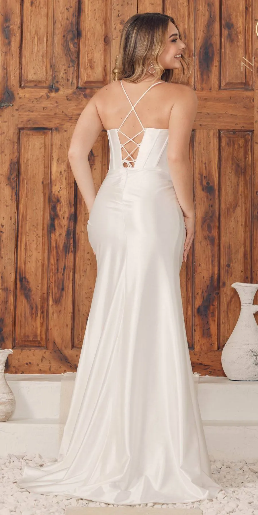 Nox Anabel E1042W Cowl Neck Stretch Bustier Corset Satin Dress