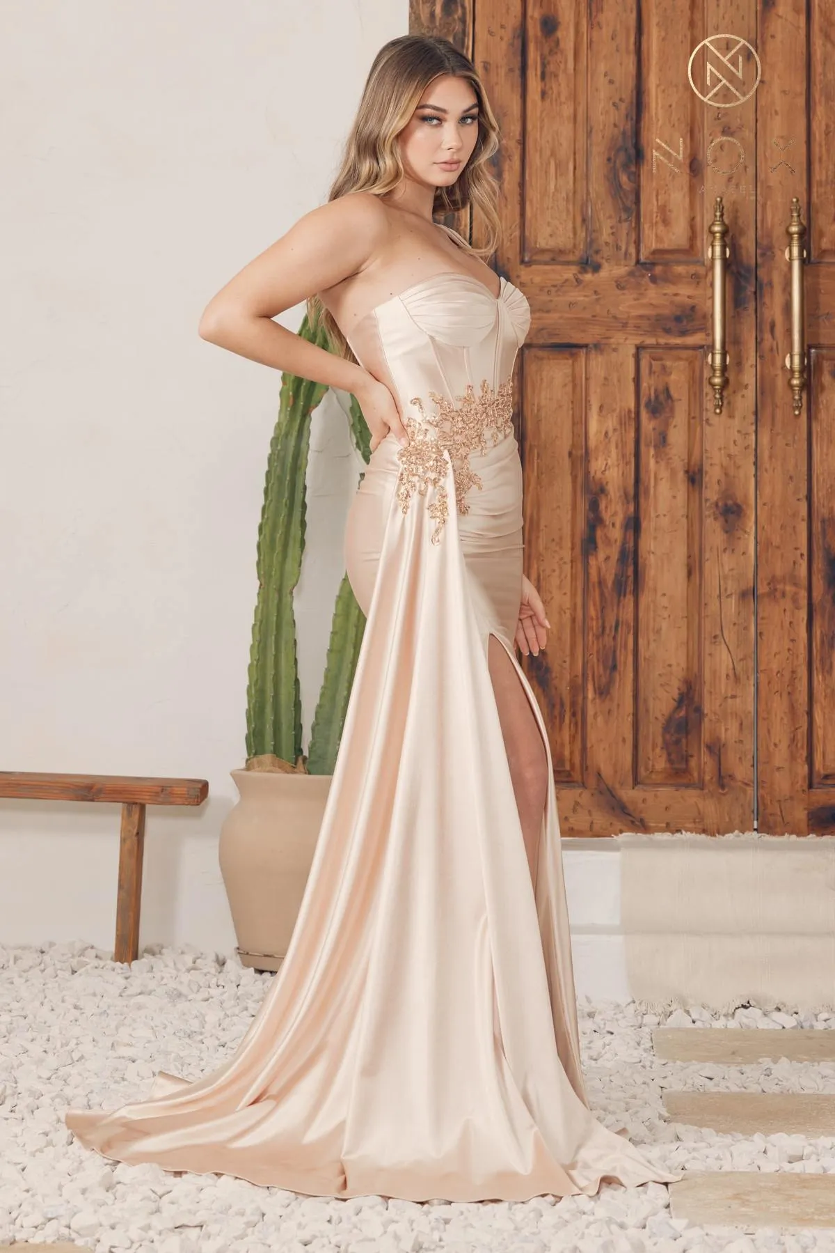 Nox Anabel E1239 Floor Length Satin Gown Side Sash with Leg Slit