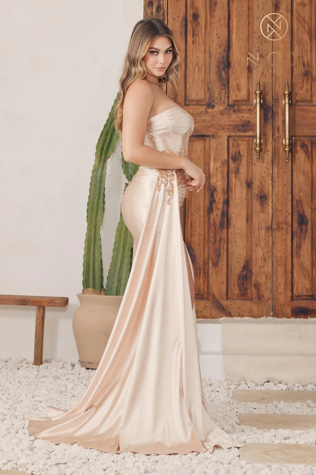 Nox Anabel E1239 Floor Length Satin Gown Side Sash with Leg Slit