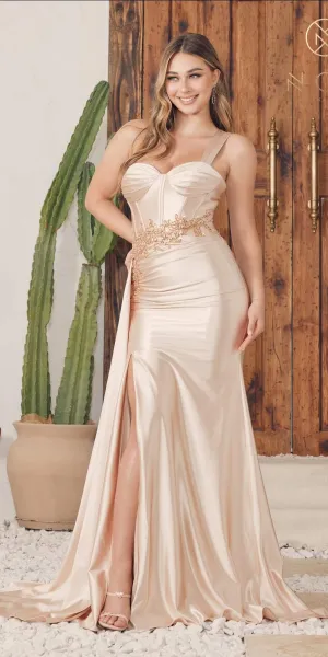 Nox Anabel E1239 Floor Length Satin Gown Side Sash with Leg Slit