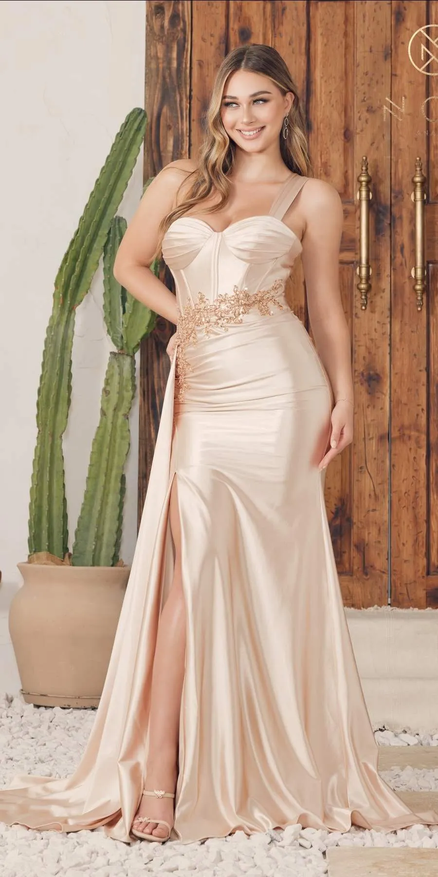 Nox Anabel E1239 Floor Length Satin Gown Side Sash with Leg Slit