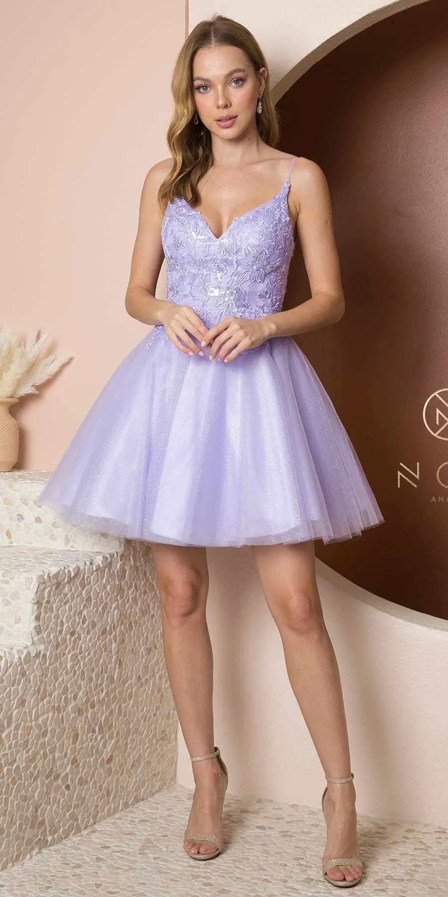 Nox Anabel E777 V-Neckline Embroidered Bodice Short A-Line Dress