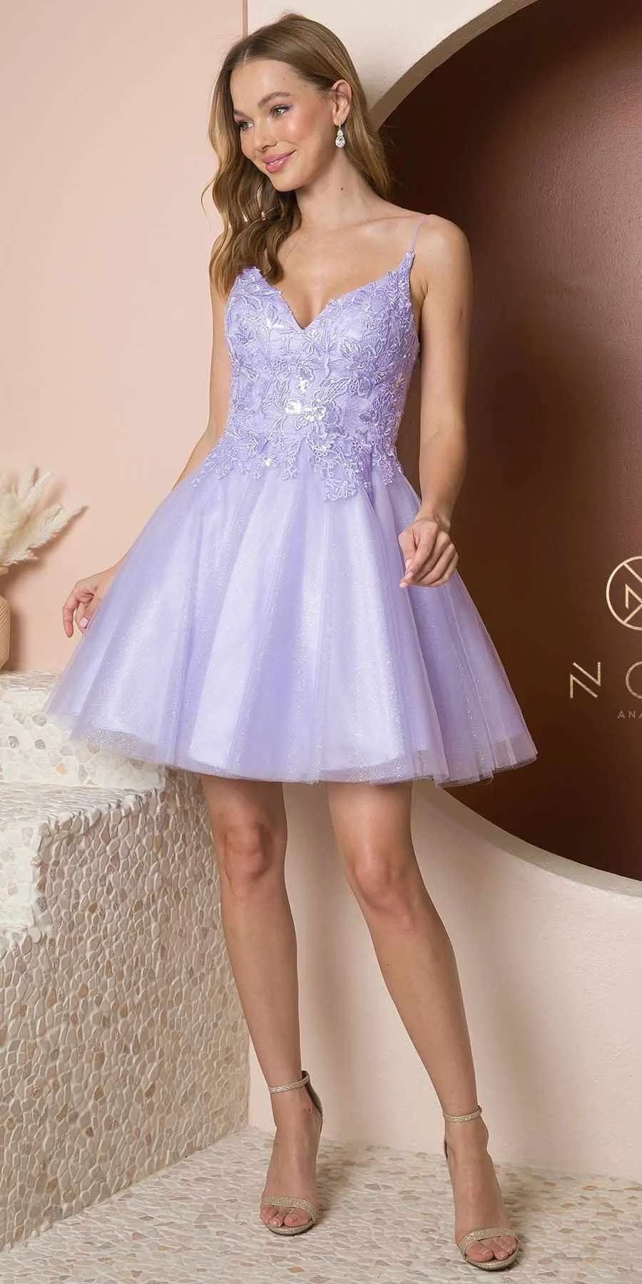 Nox Anabel E777 V-Neckline Embroidered Bodice Short A-Line Dress