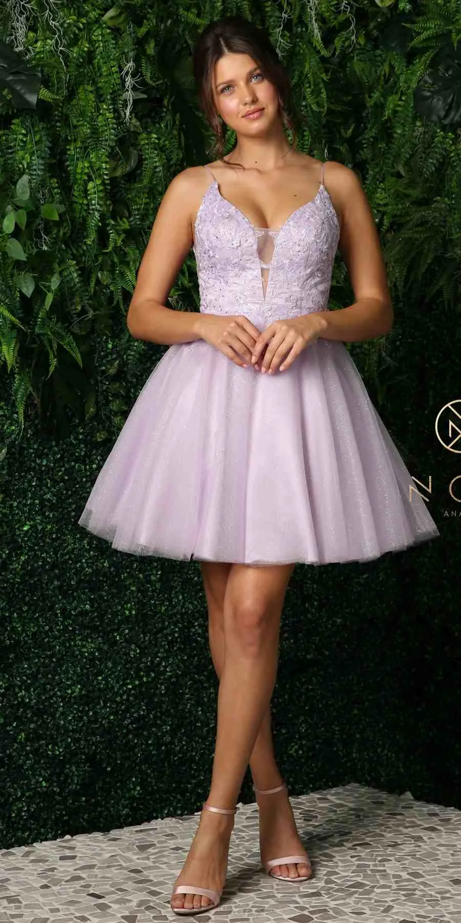 Nox Anabel E779 Plunging V-Neck Embroidered Bodice Short Dress