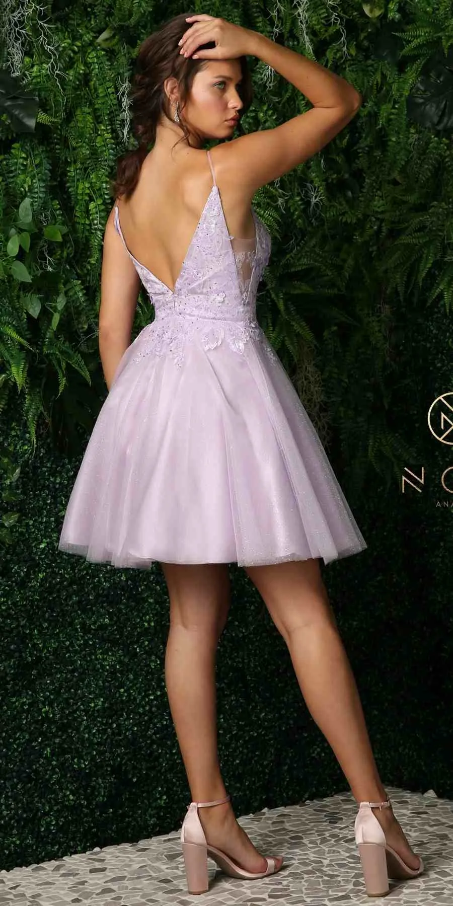 Nox Anabel E779 Plunging V-Neck Embroidered Bodice Short Dress