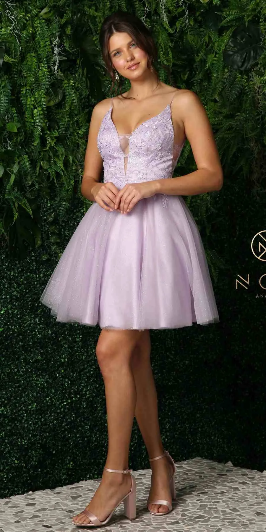Nox Anabel E779 Plunging V-Neck Embroidered Bodice Short Dress