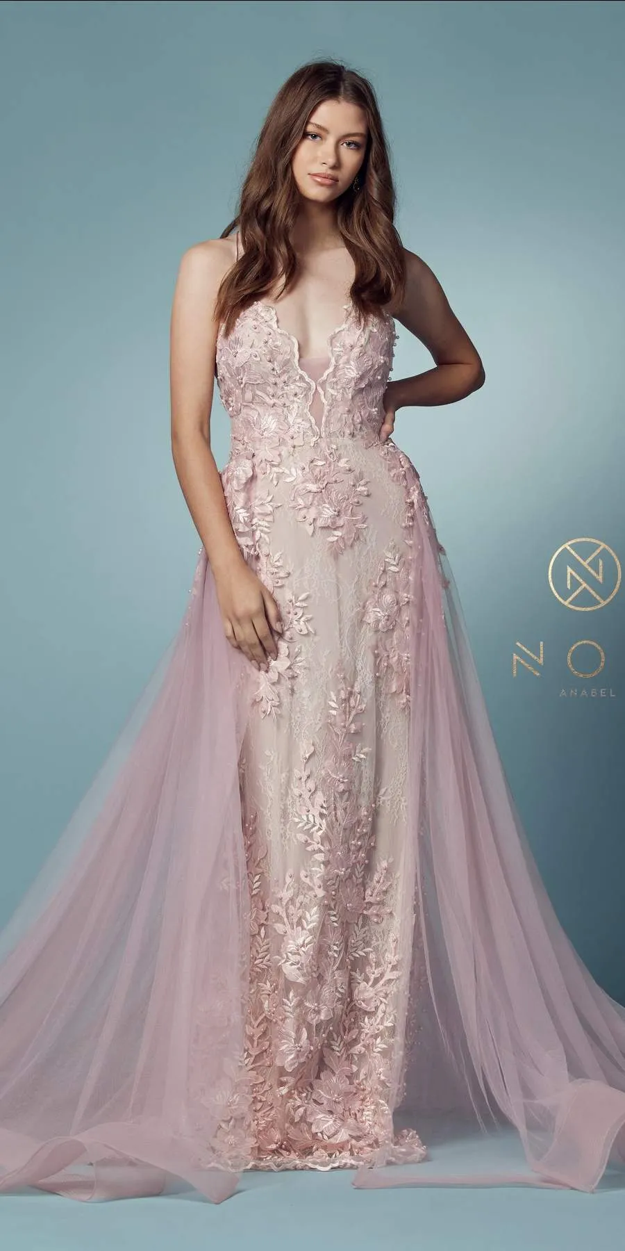Nox Anabel F485 Lace and Beads Mermaid Gown Chiffon Overskirt
