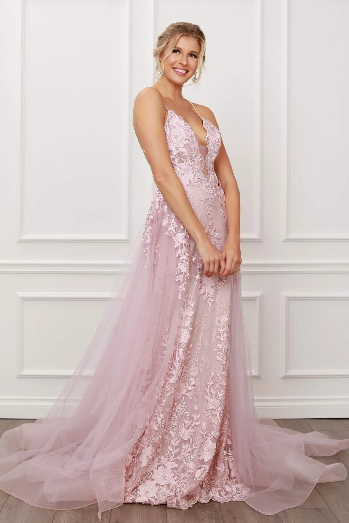 Nox Anabel F485 Lace and Beads Mermaid Gown Chiffon Overskirt