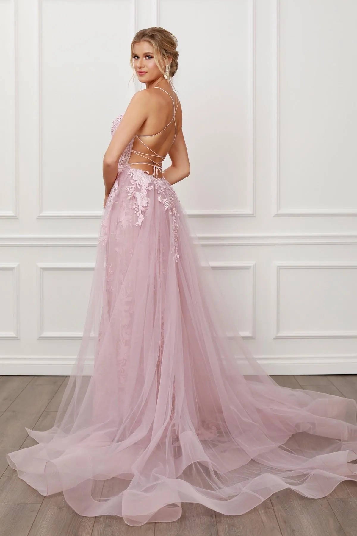 Nox Anabel F485 Lace and Beads Mermaid Gown Chiffon Overskirt