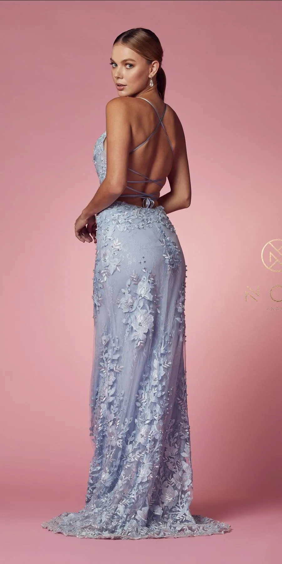 Nox Anabel F485 Lace and Beads Mermaid Gown Chiffon Overskirt