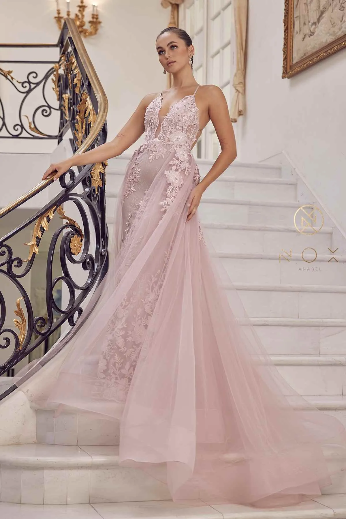 Nox Anabel F485 Lace and Beads Mermaid Gown Chiffon Overskirt
