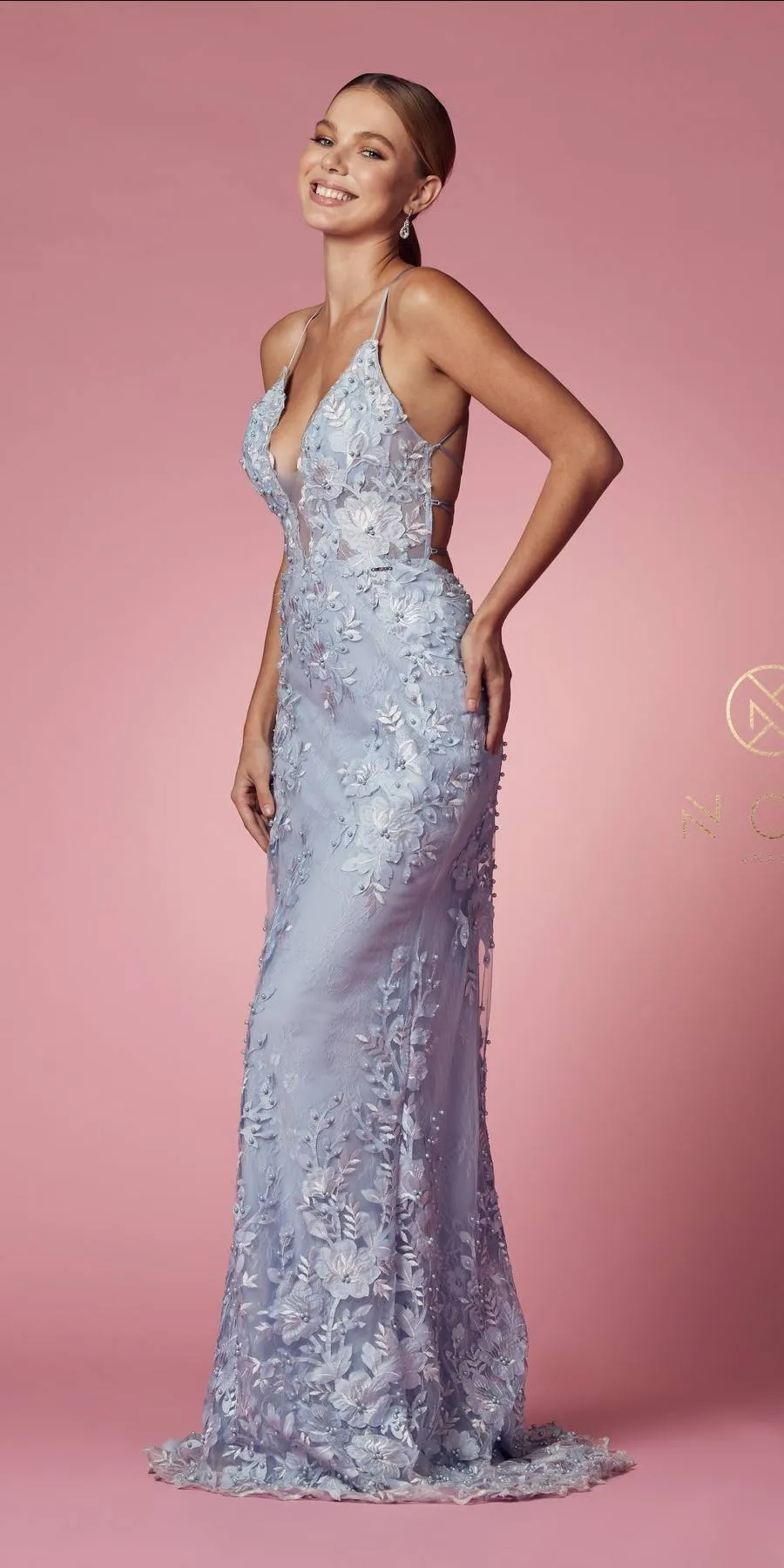 Nox Anabel F485 Lace and Beads Mermaid Gown Chiffon Overskirt