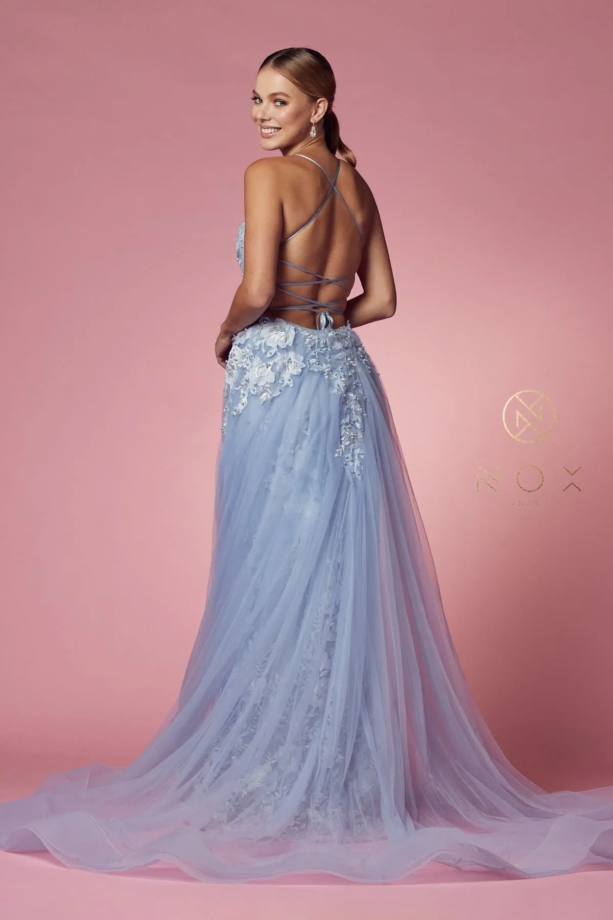 Nox Anabel F485 Lace and Beads Mermaid Gown Chiffon Overskirt
