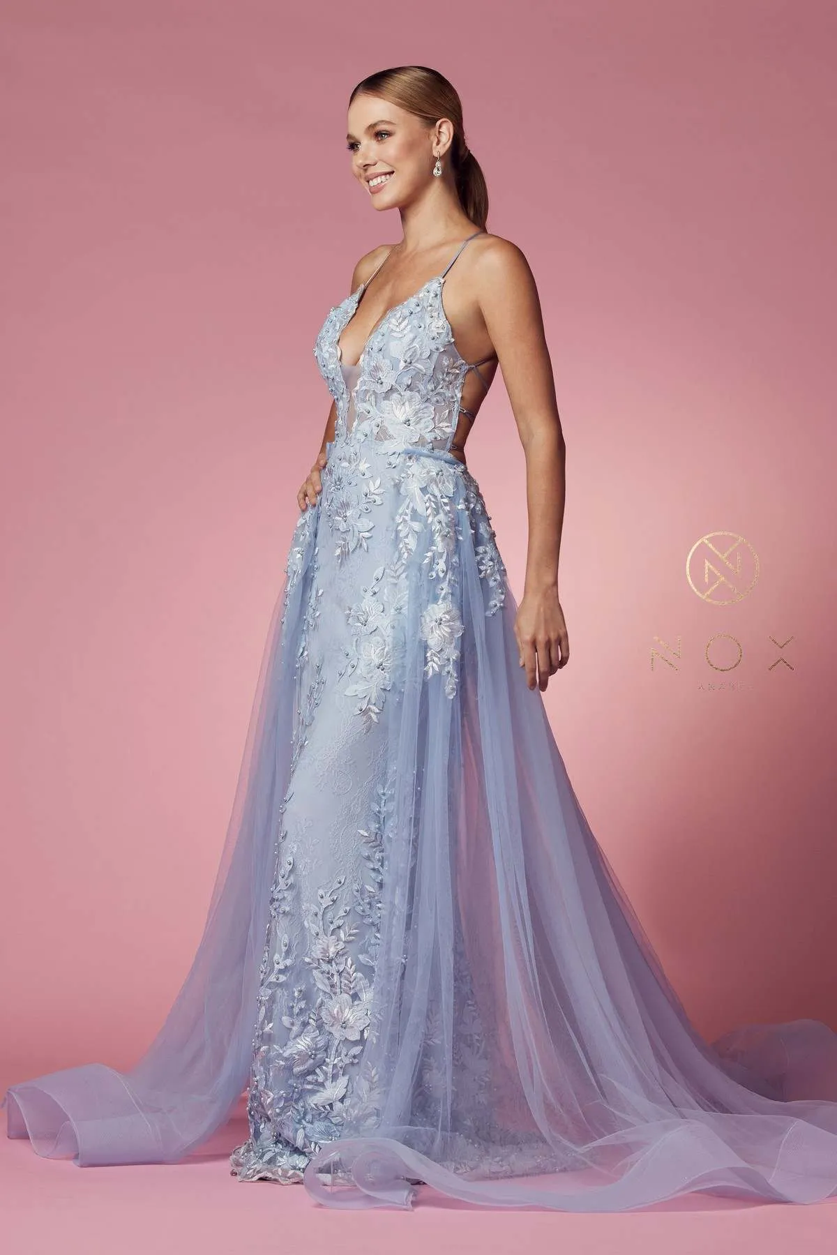 Nox Anabel F485 Lace and Beads Mermaid Gown Chiffon Overskirt