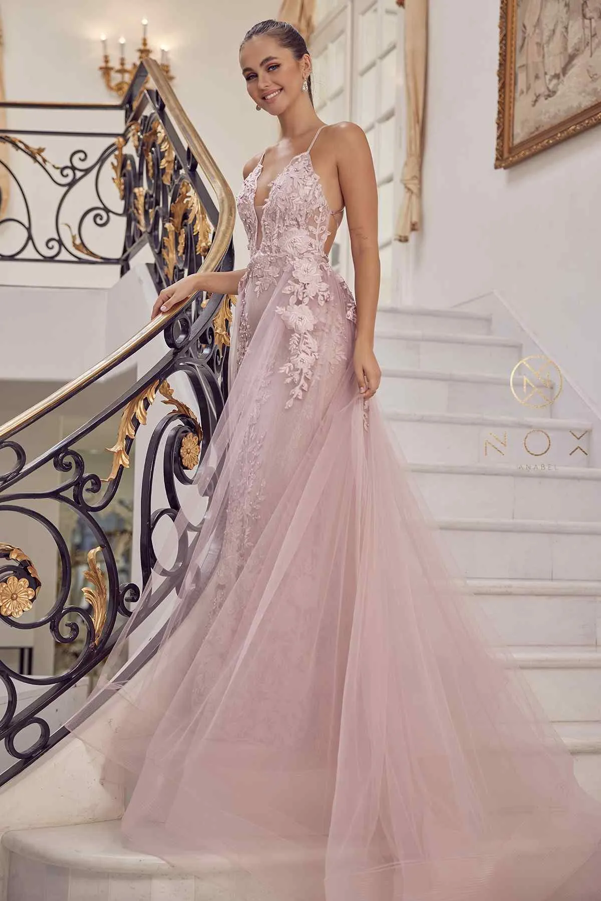 Nox Anabel F485 Lace and Beads Mermaid Gown Chiffon Overskirt