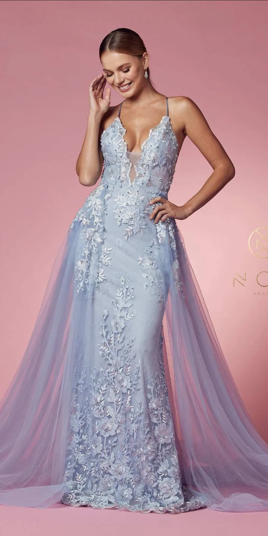 Nox Anabel F485 Lace and Beads Mermaid Gown Chiffon Overskirt