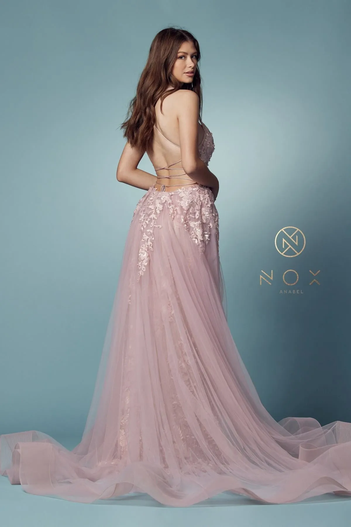 Nox Anabel F485 Lace and Beads Mermaid Gown Chiffon Overskirt