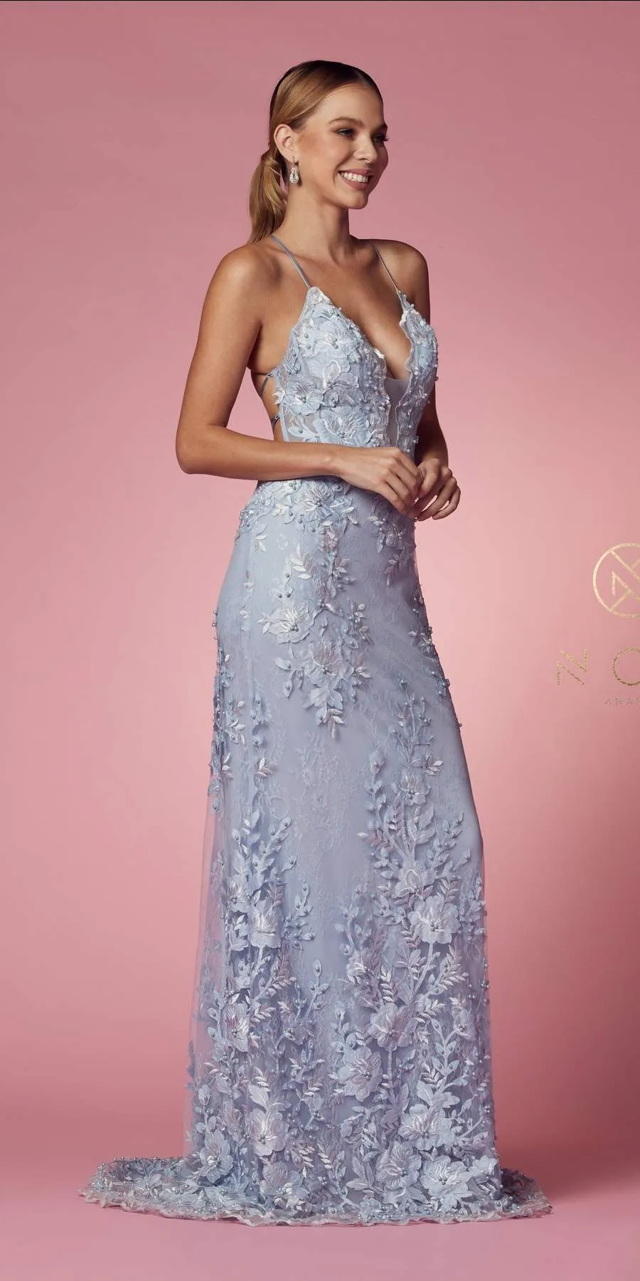 Nox Anabel F485 Lace and Beads Mermaid Gown Chiffon Overskirt