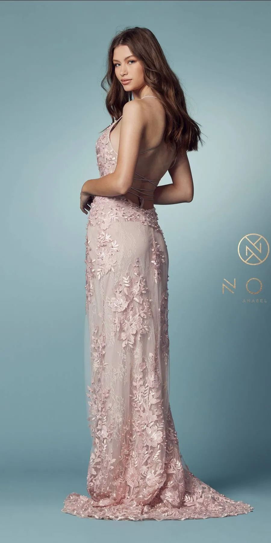 Nox Anabel F485 Lace and Beads Mermaid Gown Chiffon Overskirt