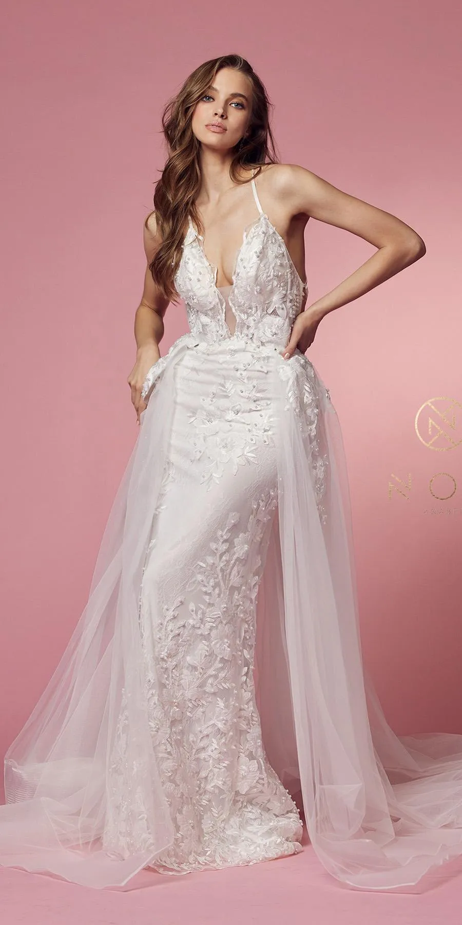 Nox Anabel F485W Lace and Beads Mermaid Gown Chiffon Overskirt