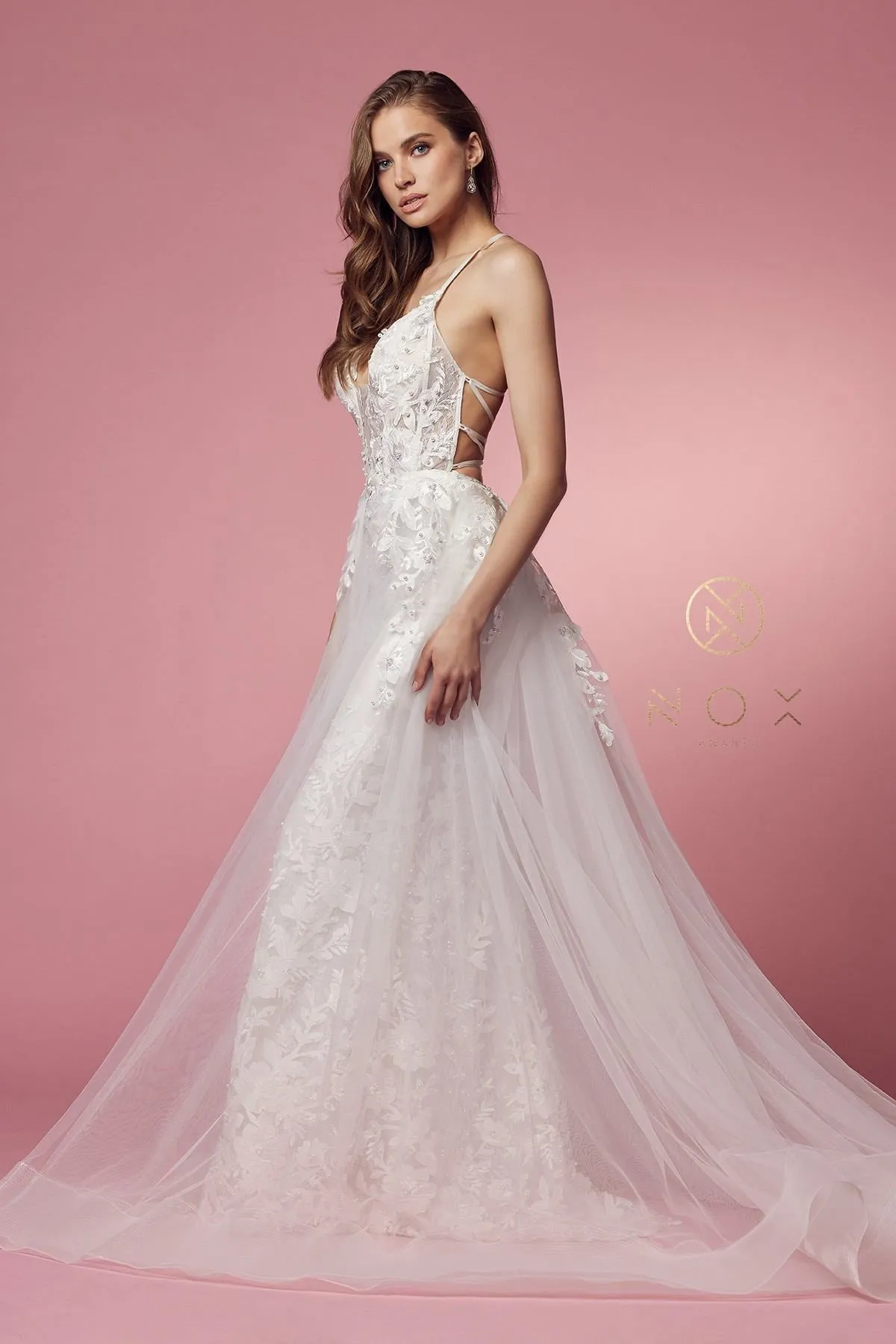Nox Anabel F485W Lace and Beads Mermaid Gown Chiffon Overskirt