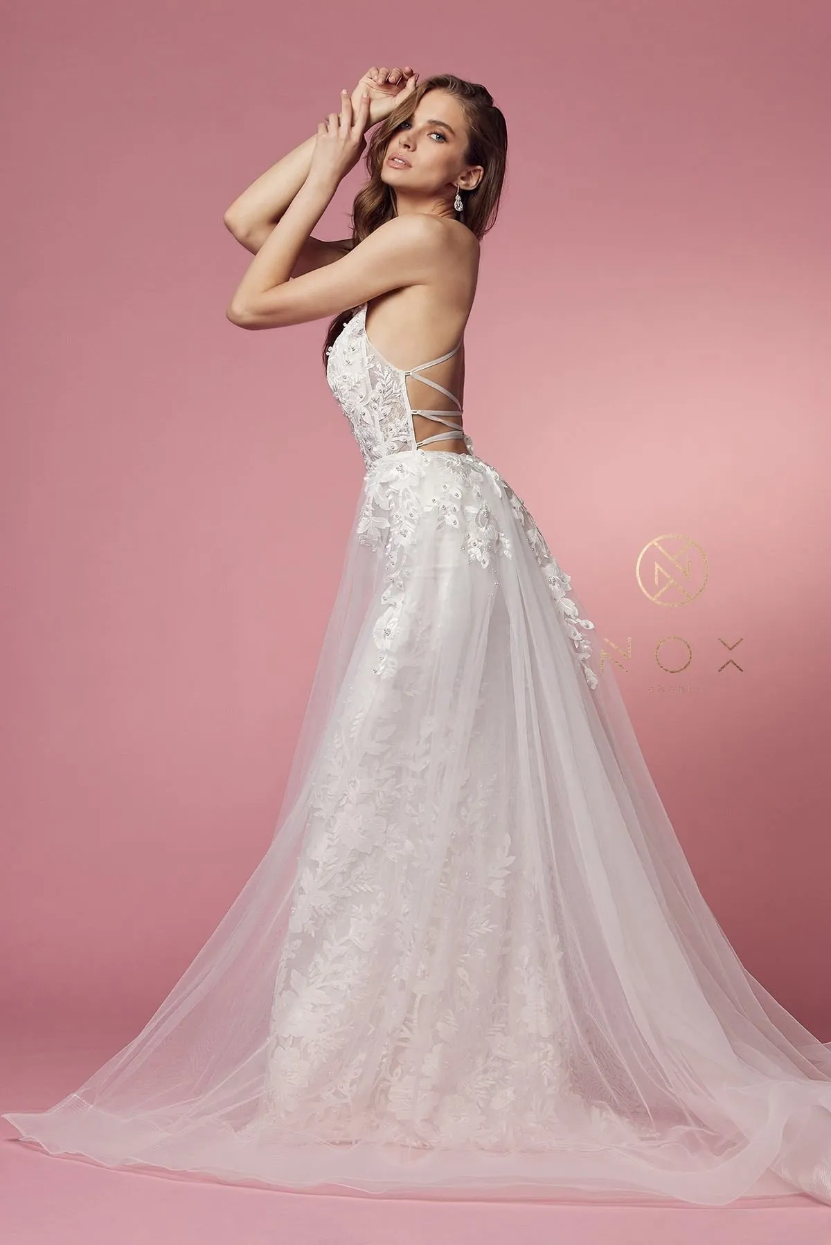 Nox Anabel F485W Lace and Beads Mermaid Gown Chiffon Overskirt