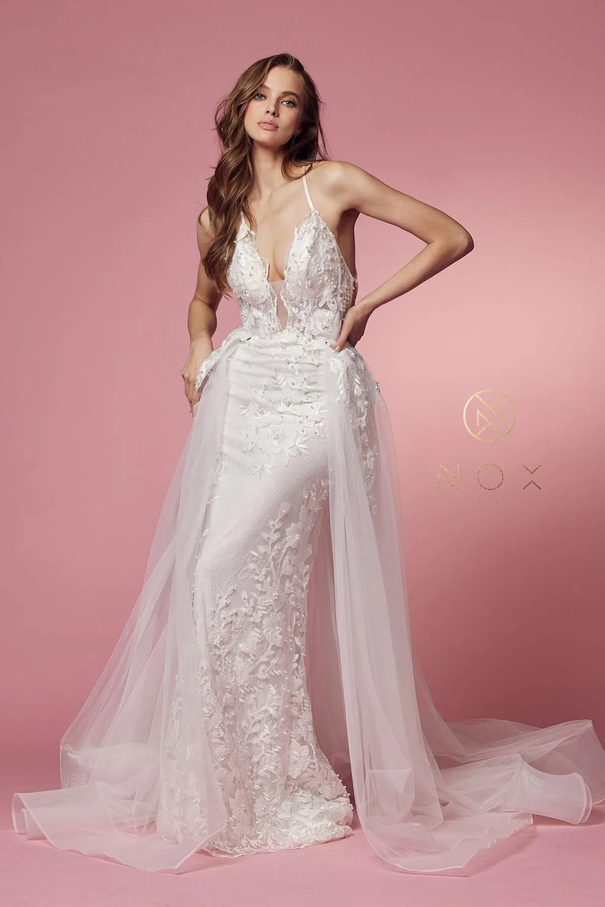 Nox Anabel F485W Lace and Beads Mermaid Gown Chiffon Overskirt