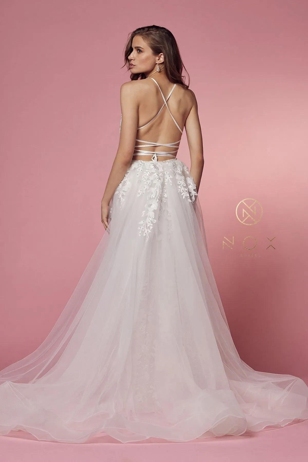 Nox Anabel F485W Lace and Beads Mermaid Gown Chiffon Overskirt