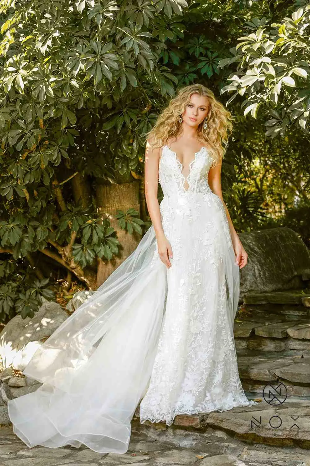 Nox Anabel F485W Lace and Beads Mermaid Gown Chiffon Overskirt
