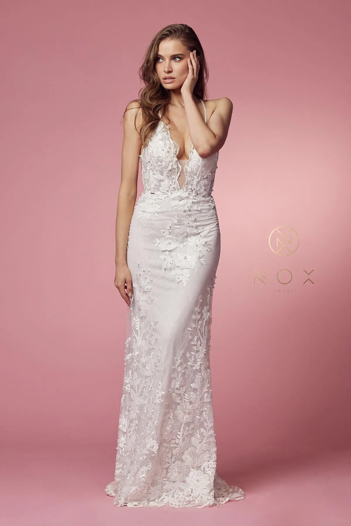 Nox Anabel F485W Lace and Beads Mermaid Gown Chiffon Overskirt