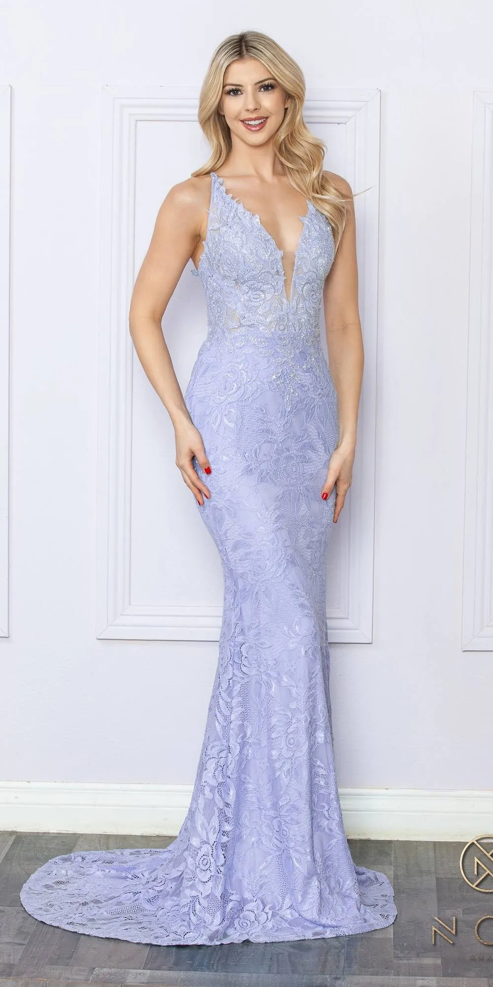 Nox Anabel G1353 Long Boho Inspired Embroidered V-Neck Mermaid Gown