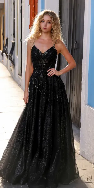 Nox Anabel H1350 Long A-Line Glitter Tulle Embroidered Sequin Applique Dress