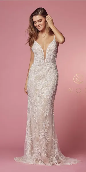 Nox Anabel JE915 Cut Out Side V-Neck Fitted Lace Wedding Gown
