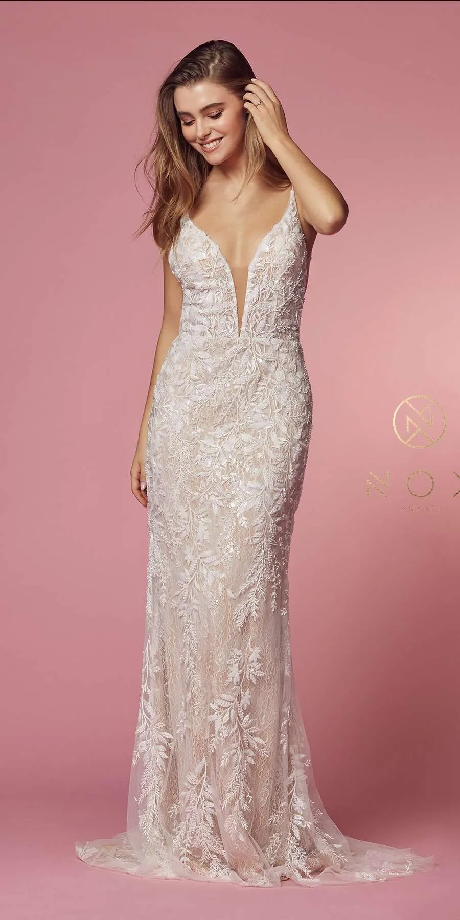 Nox Anabel JE915 Cut Out Side V-Neck Fitted Lace Wedding Gown