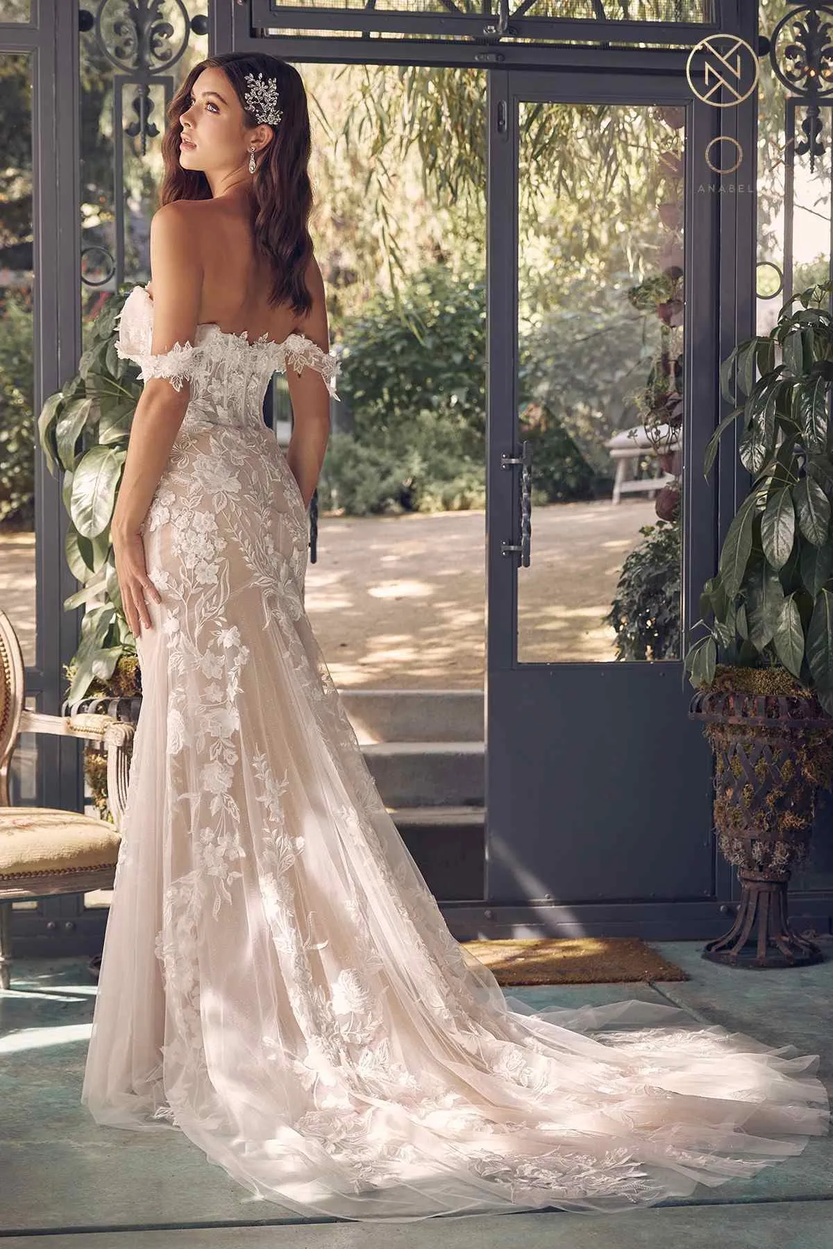 Nox Anabel JE974 Long Off Shoulder Fitted Embroidered Wedding Gown