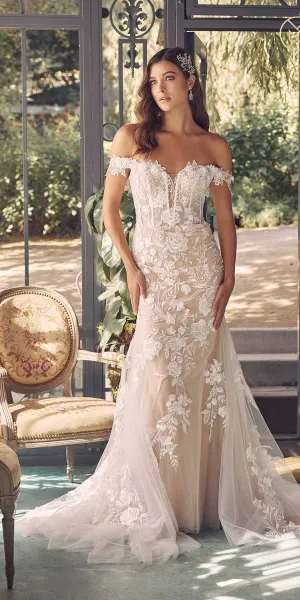 Nox Anabel JE974 Long Off Shoulder Fitted Embroidered Wedding Gown