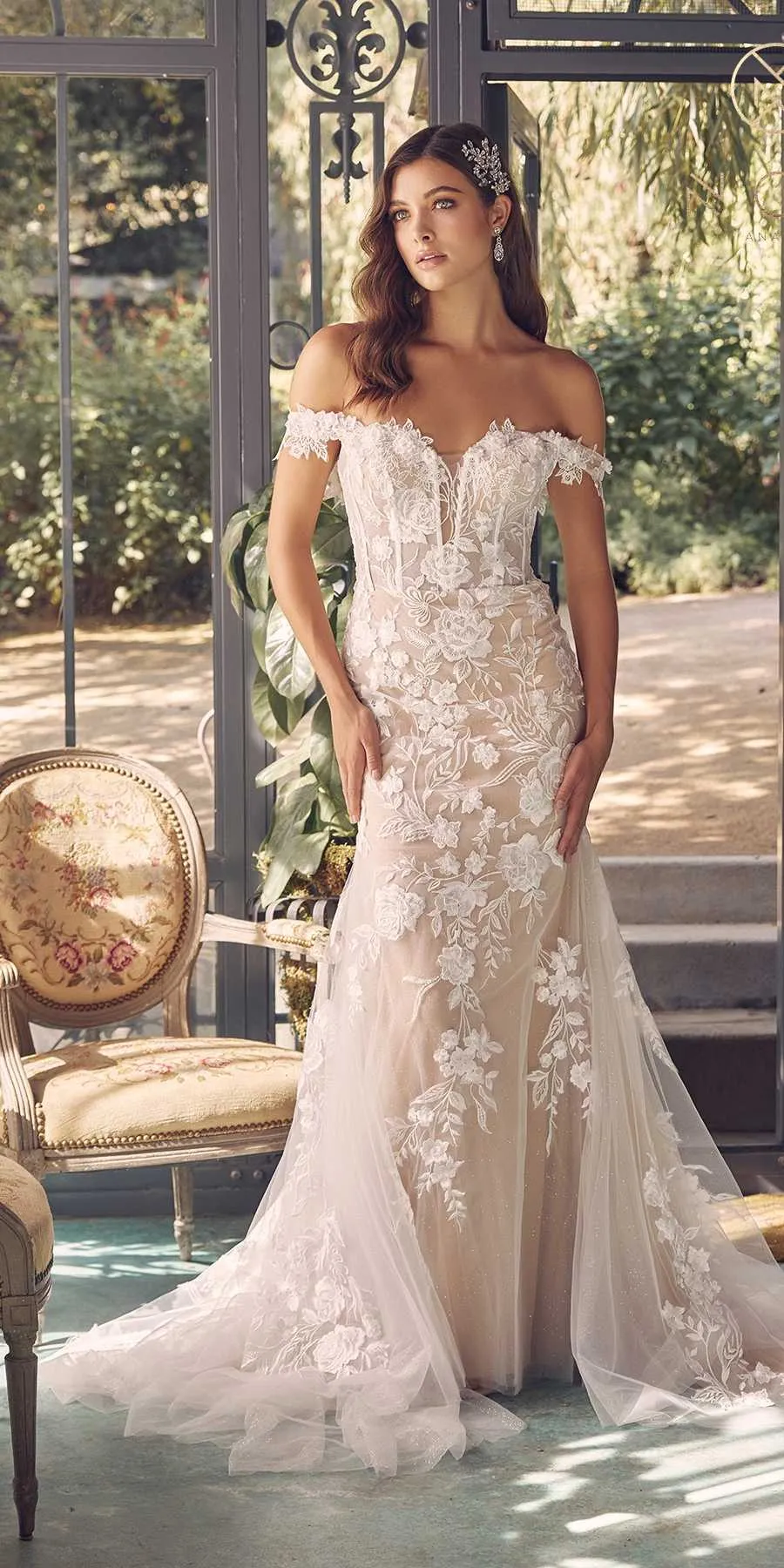 Nox Anabel JE974 Long Off Shoulder Fitted Embroidered Wedding Gown