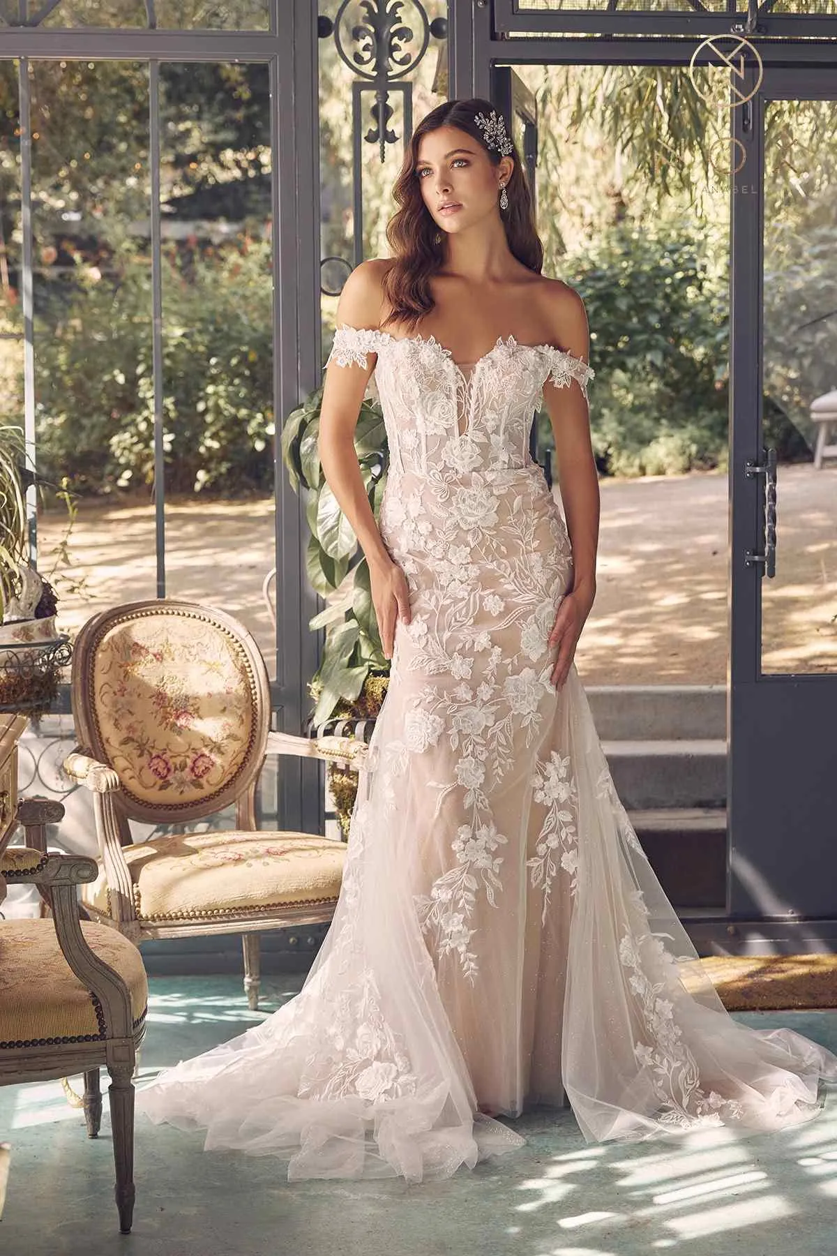 Nox Anabel JE974 Long Off Shoulder Fitted Embroidered Wedding Gown
