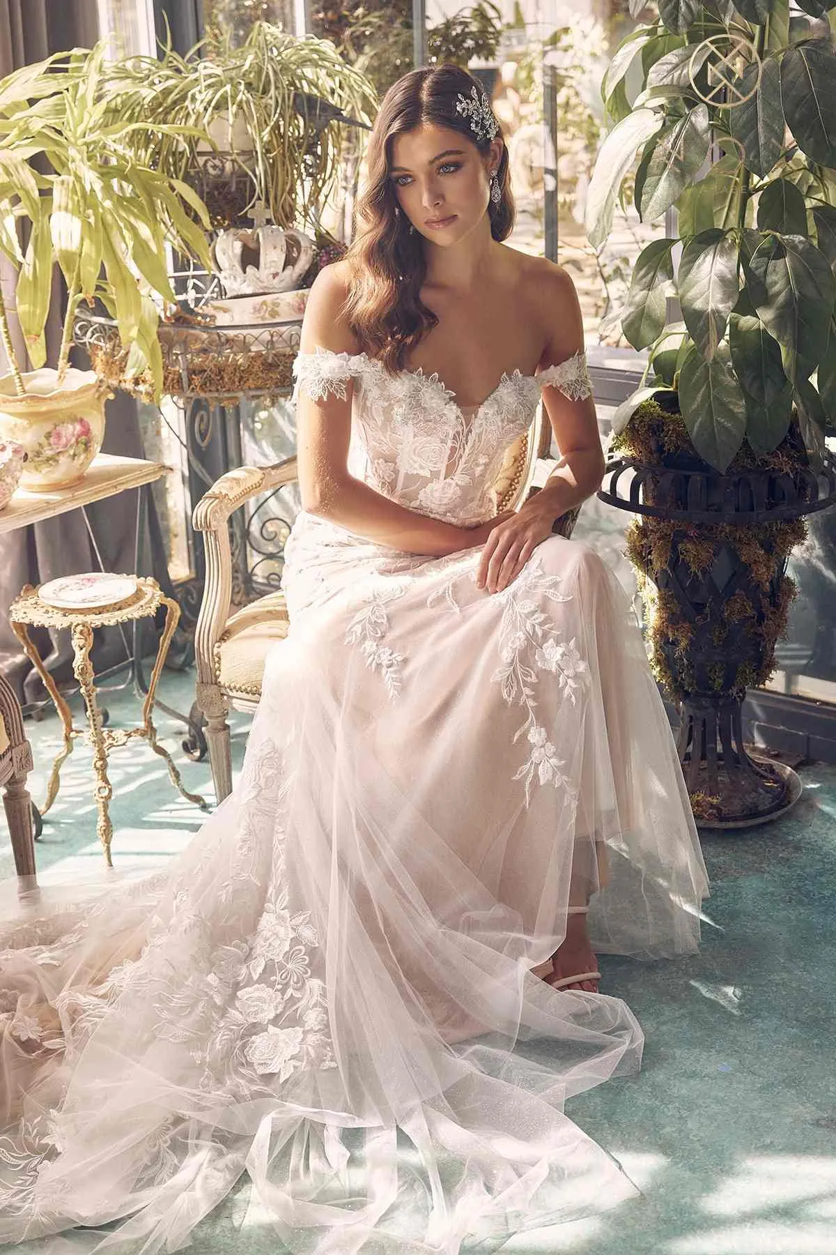 Nox Anabel JE974 Long Off Shoulder Fitted Embroidered Wedding Gown