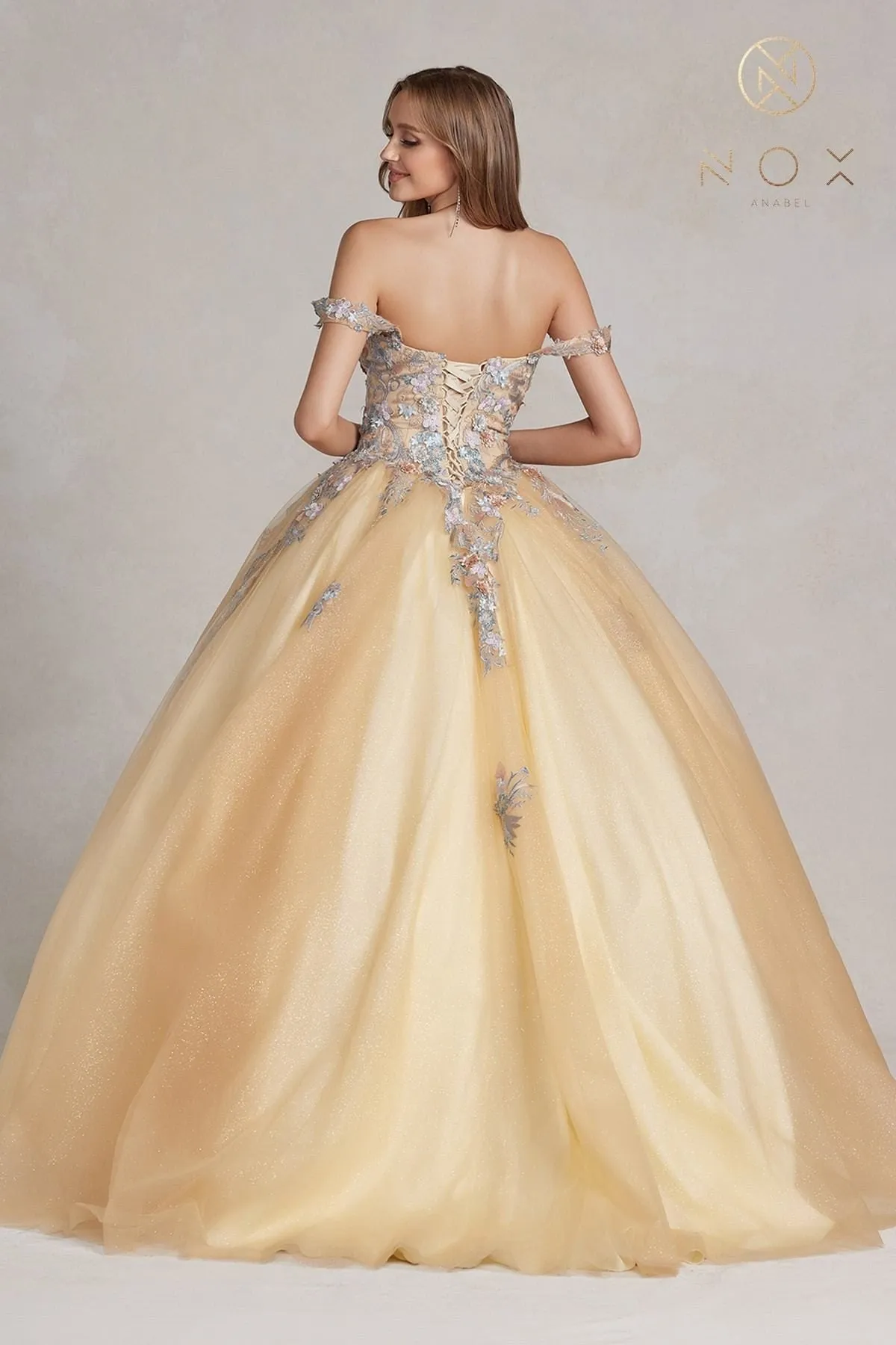 Nox Anabel JU809 Poofy A-Line Quinceanera Floral Embroidered Bodice Gown