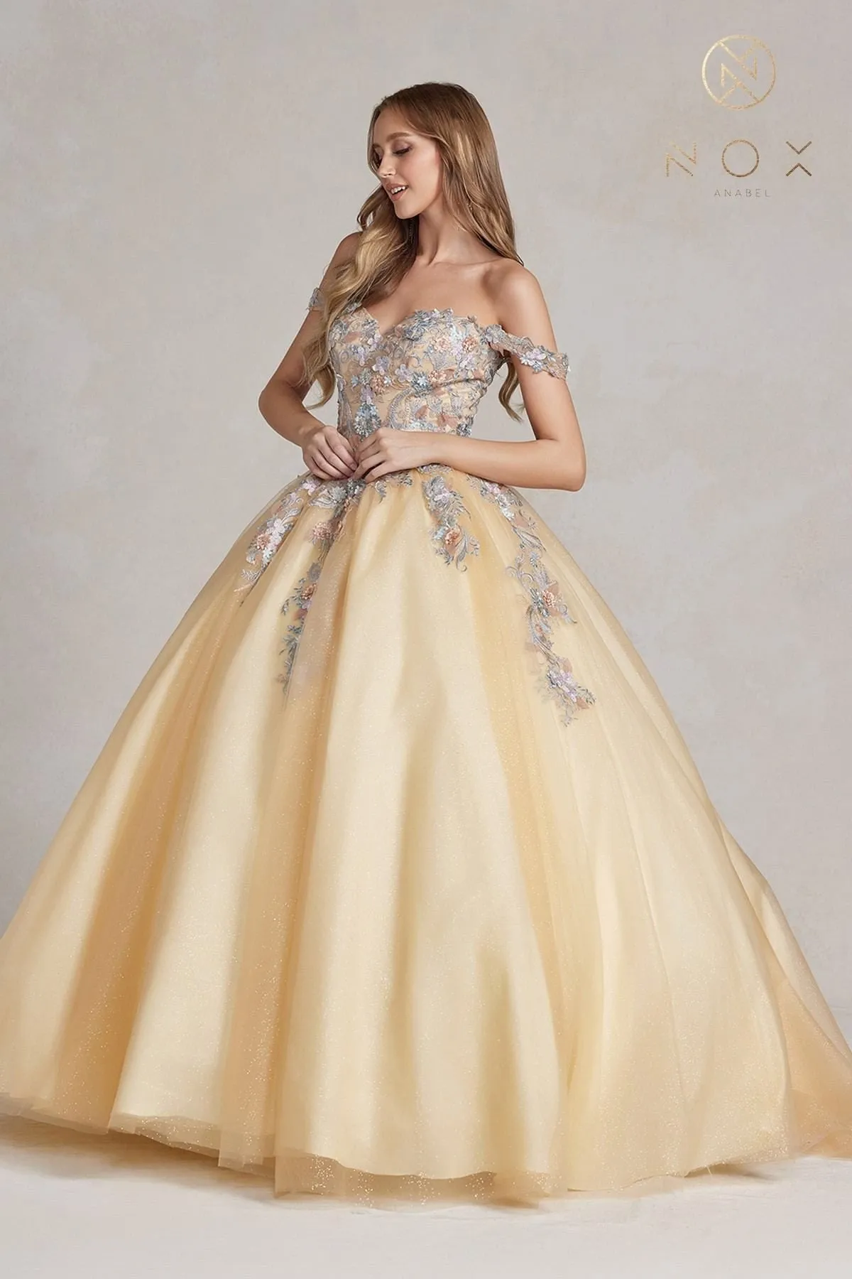 Nox Anabel JU809 Poofy A-Line Quinceanera Floral Embroidered Bodice Gown