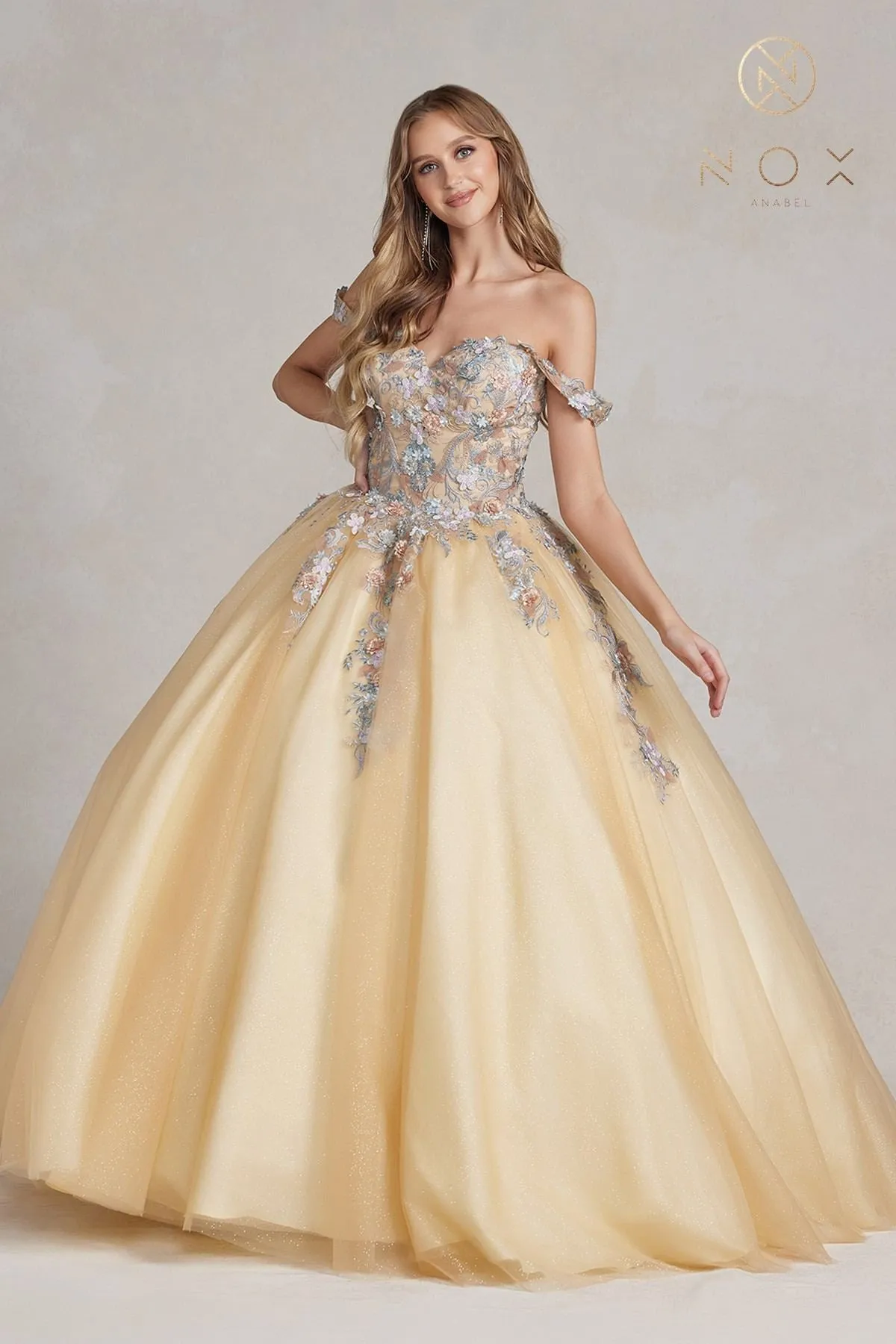Nox Anabel JU809 Poofy A-Line Quinceanera Floral Embroidered Bodice Gown