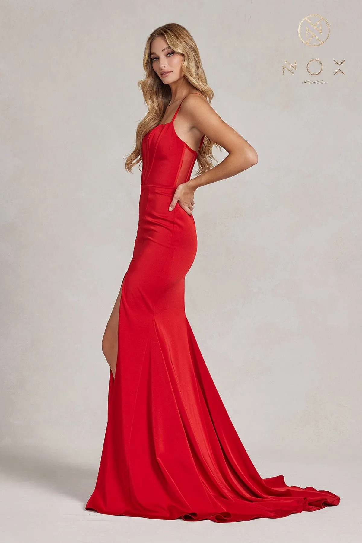 Nox Anabel P1168 Floor Length Sheath Formal Dress with Slit