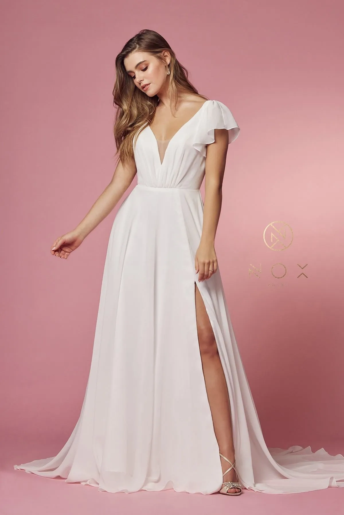 Nox Anabel R471 V-Neckline Cutout Short Sleeves Long A-Line Gown