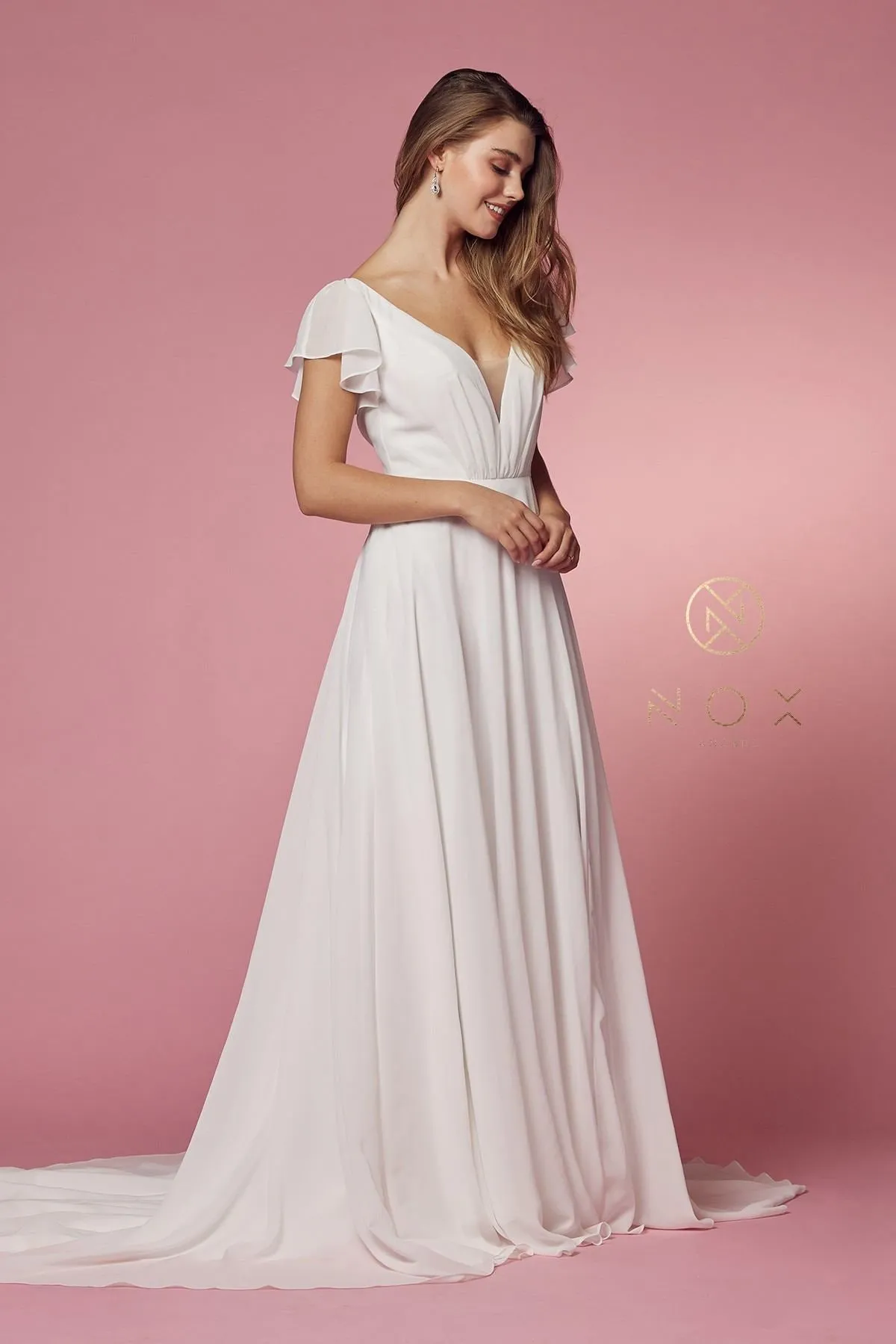 Nox Anabel R471 V-Neckline Cutout Short Sleeves Long A-Line Gown