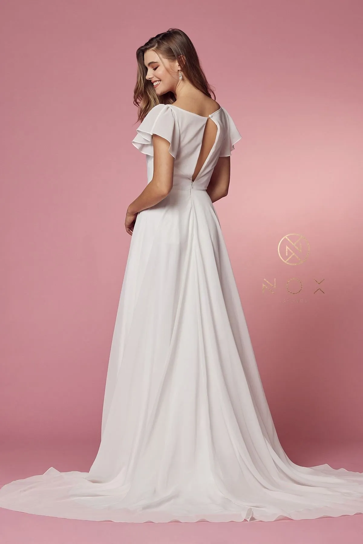 Nox Anabel R471 V-Neckline Cutout Short Sleeves Long A-Line Gown