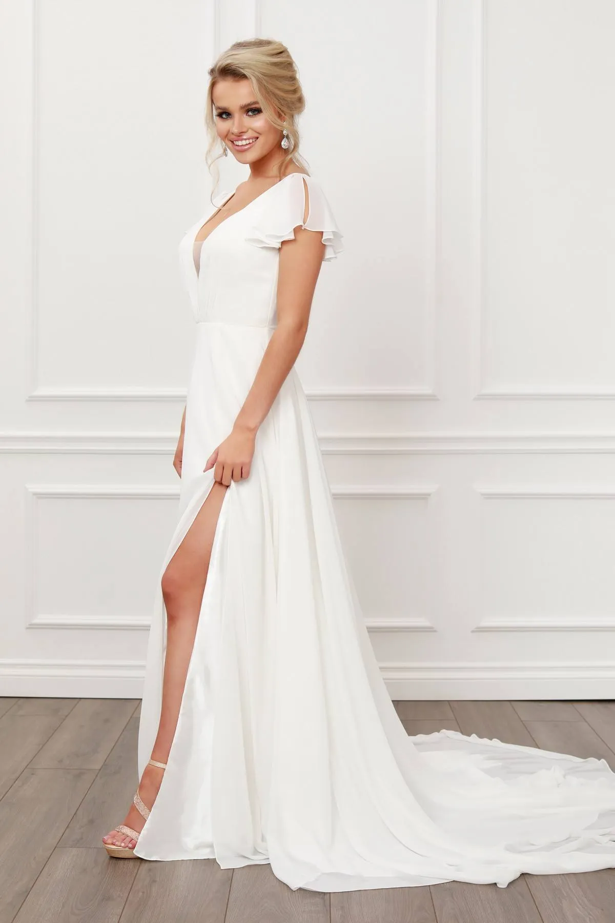 Nox Anabel R471 V-Neckline Cutout Short Sleeves Long A-Line Gown