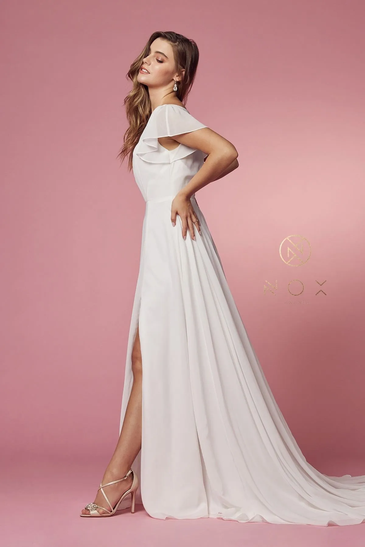 Nox Anabel R471 V-Neckline Cutout Short Sleeves Long A-Line Gown