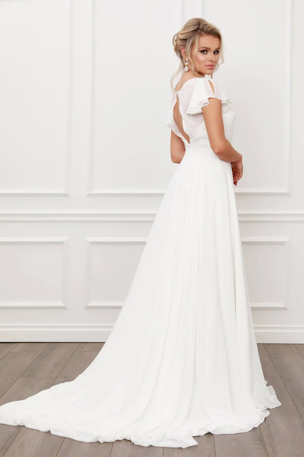 Nox Anabel R471 V-Neckline Cutout Short Sleeves Long A-Line Gown