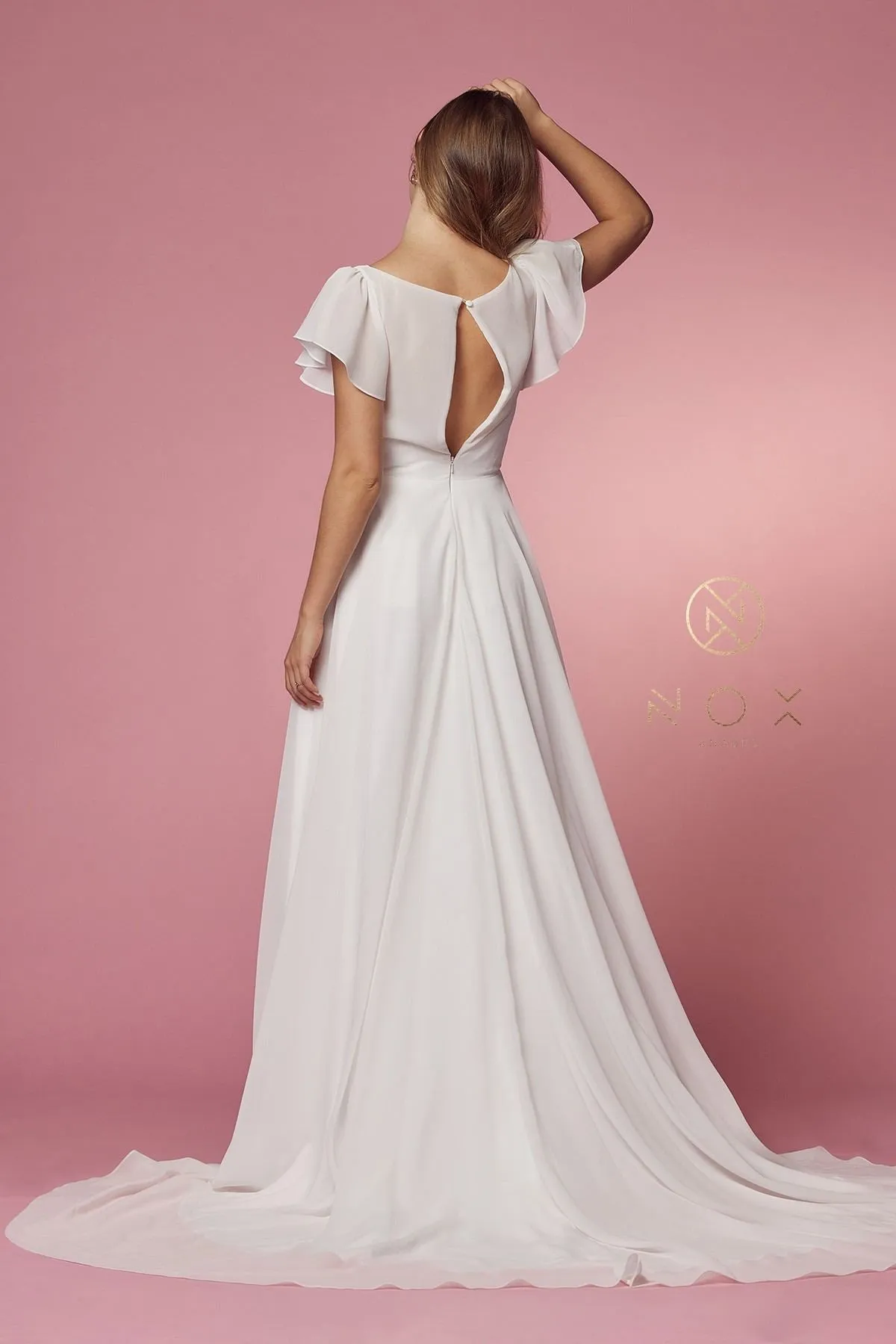 Nox Anabel R471 V-Neckline Cutout Short Sleeves Long A-Line Gown